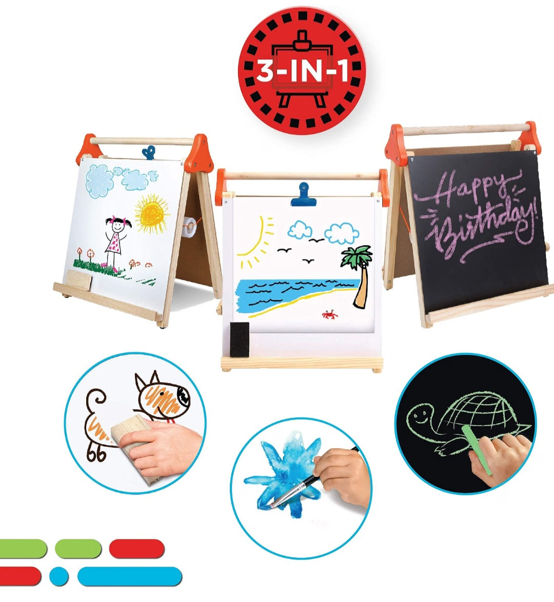 3-in-1 Tabletop Art Easel – Whiteboard, Chalkboard & Paper