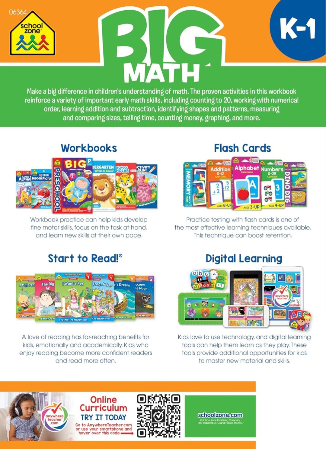 School Zone Big Math K–1 Workbook | Kindergarten & First Grade Math Practice | Ages 5–7