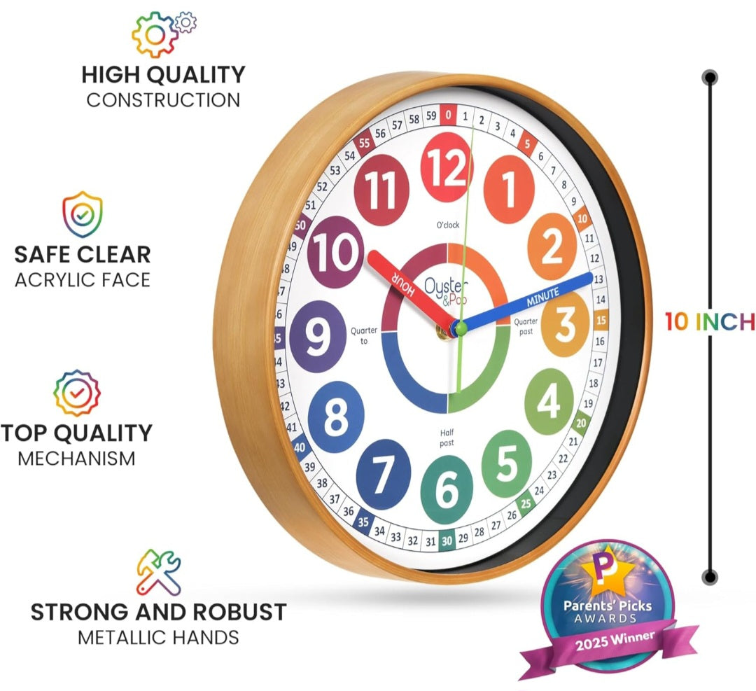 10-Inch Kids Learning Wall Clock | Color-Coded Analog Teaching Clock | Silent Operation