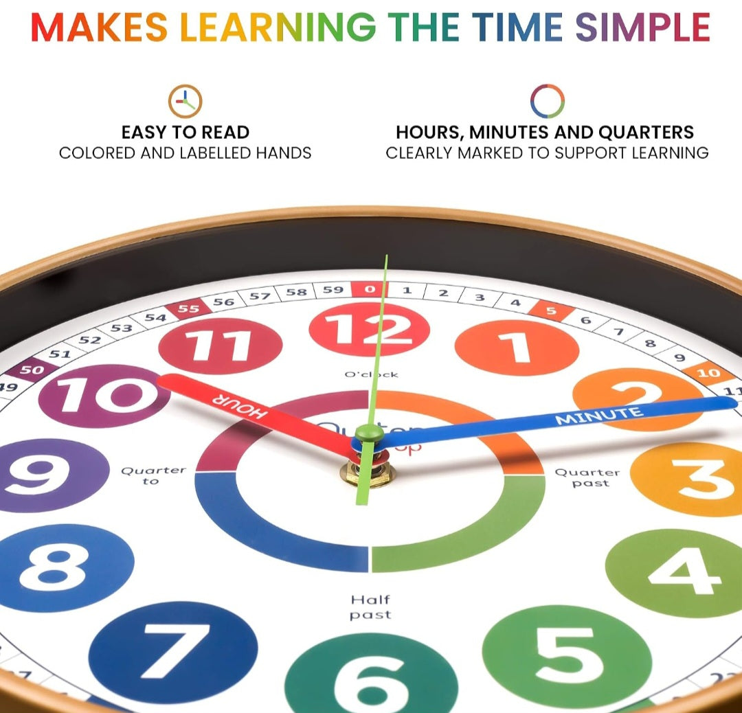 10-Inch Kids Learning Wall Clock | Color-Coded Analog Teaching Clock | Silent Operation