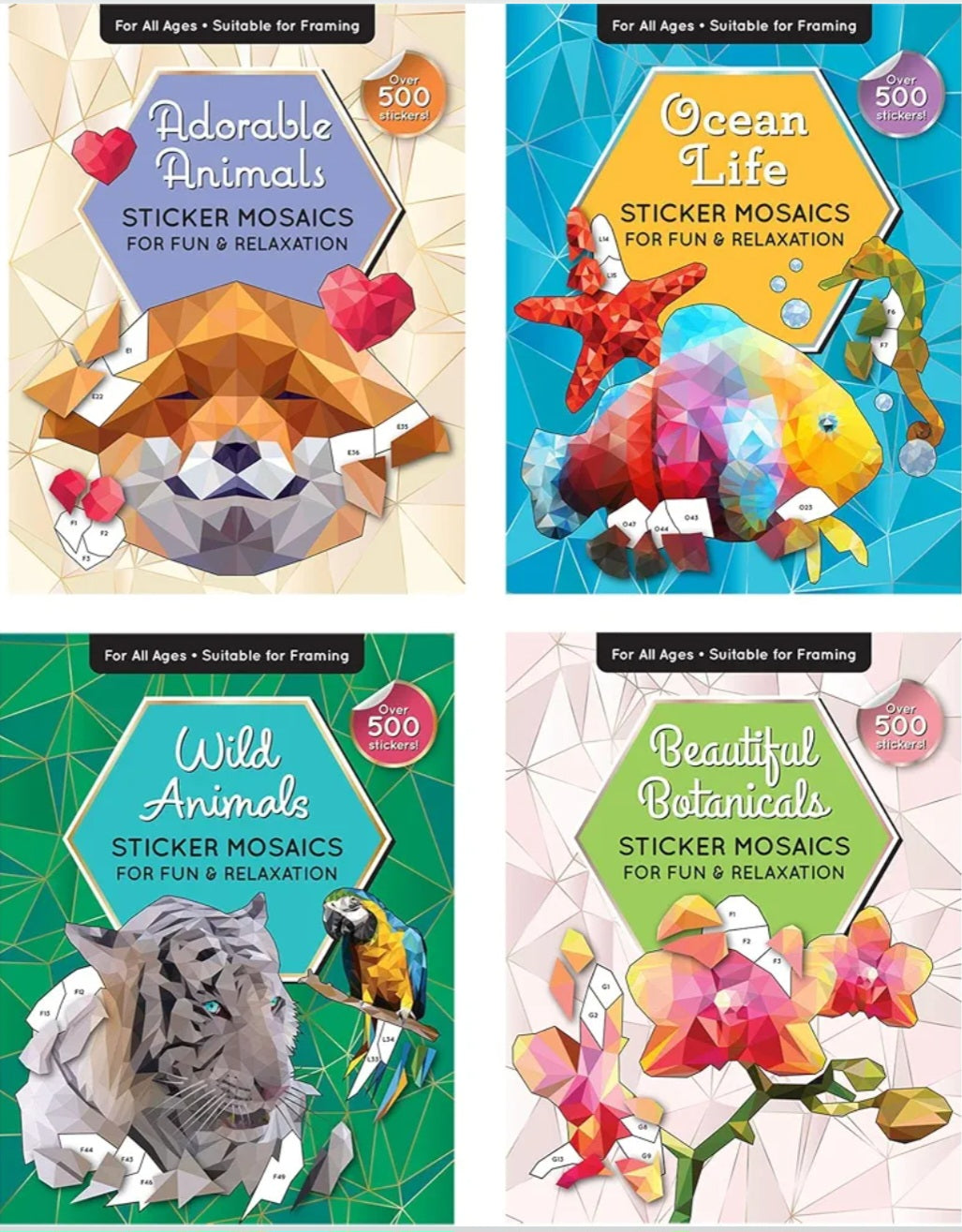 Sticker by Number Mosaic Book Set | 4-Book Collection | Animals, Ocean Life & Botanical Designs | 2,000+ Stickers
