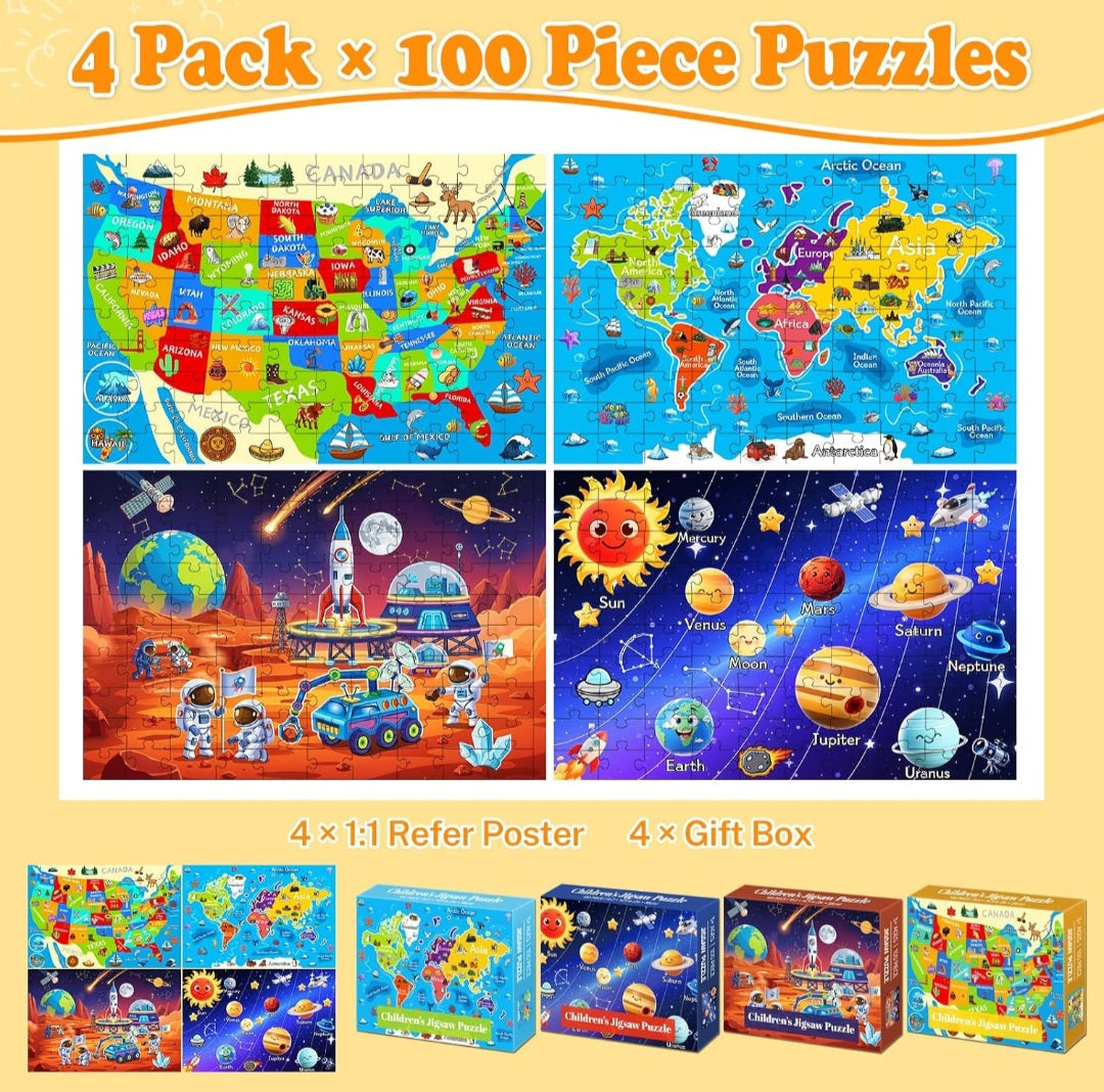 World Geography, U.S. Geography & Space Puzzle Set | 4-Pack 100-Piece Educational Jigsaw Puzzles