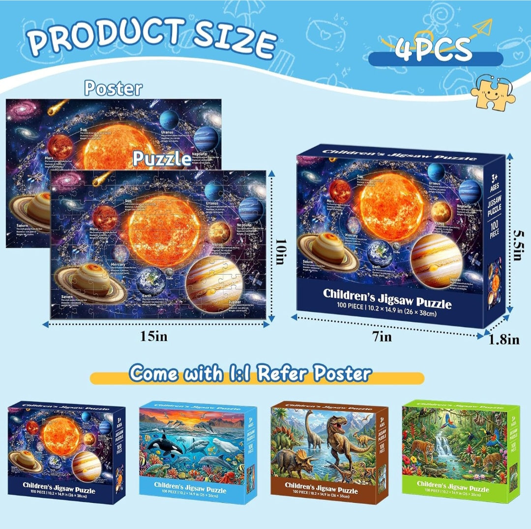 Educational Jigsaw Puzzle Set – 4 Pack of 100-Piece Puzzles for Kids