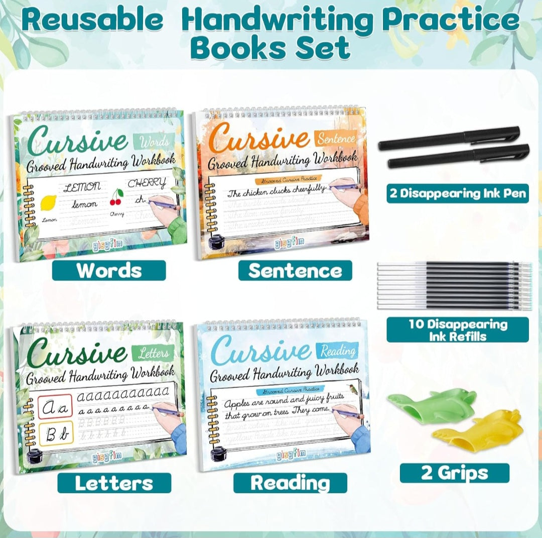 Cursive Handwriting Workbook Kit for Kids | 4 Reusable Grooved Practice Books, Disappearing Ink Pens & Letter, Word and Sentence Writing