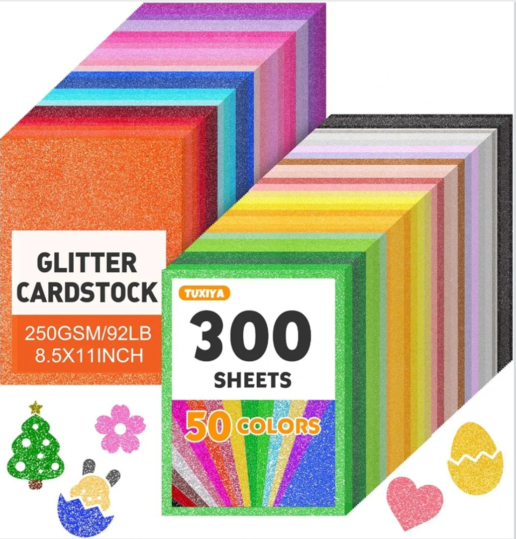 300-Sheet Glitter Cardstock Paper Set | 50 Colors, 8.5 x 11 Inch Sparkle Paper for Art, Scrapbooking & DIY Crafts