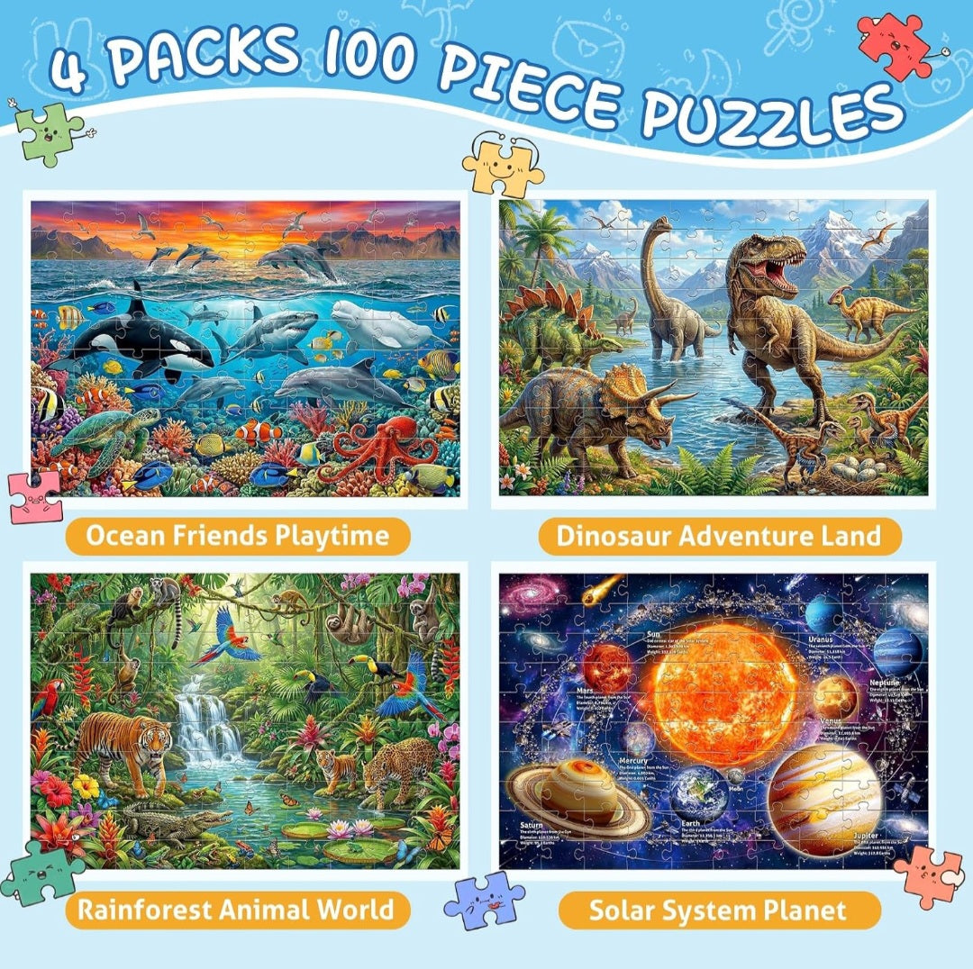 Educational Jigsaw Puzzle Set – 4 Pack of 100-Piece Puzzles for Kids
