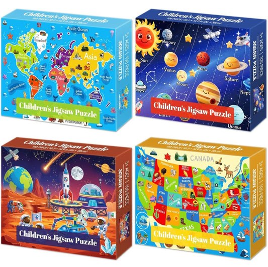 World Geography, U.S. Geography & Space Puzzle Set | 4-Pack 100-Piece Educational Jigsaw Puzzles