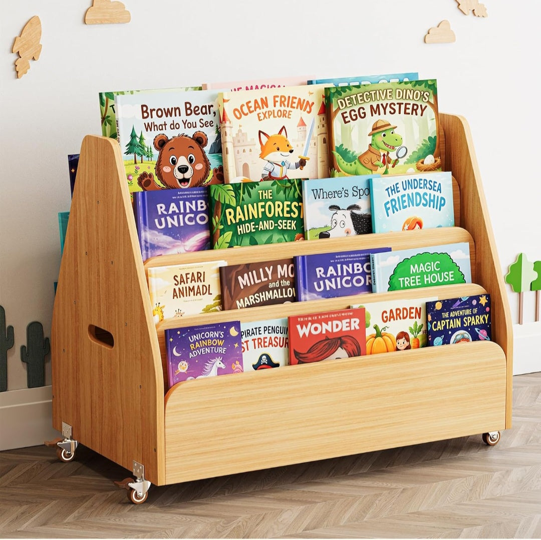 4-Tier Children's Book Shelf | Double-Sided Wooden Bookshelf on Wheels