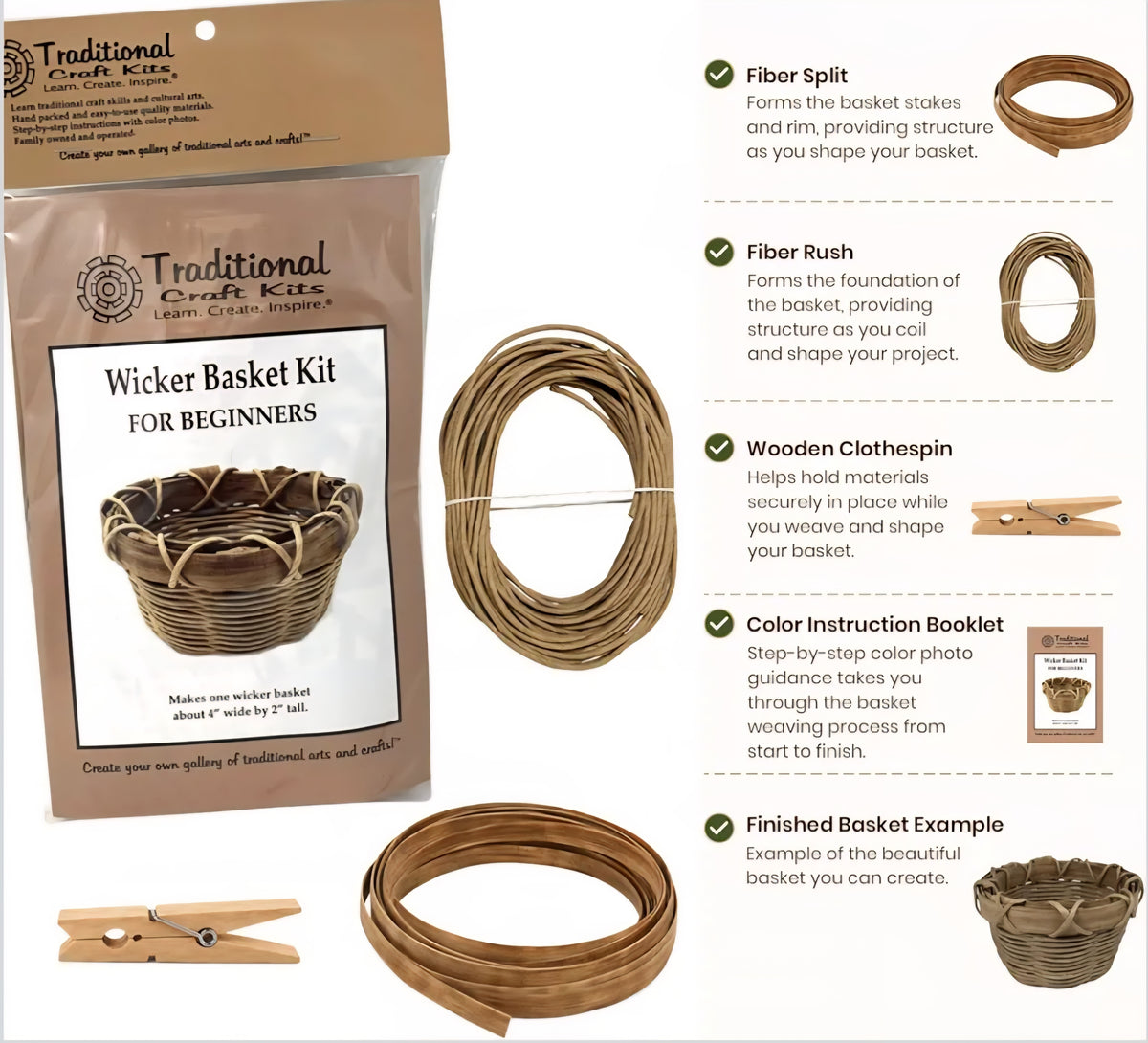 Traditional Wicker Basket Weaving Kit | Beginner Fiber Arts & Handcraft Project | 1 Basket