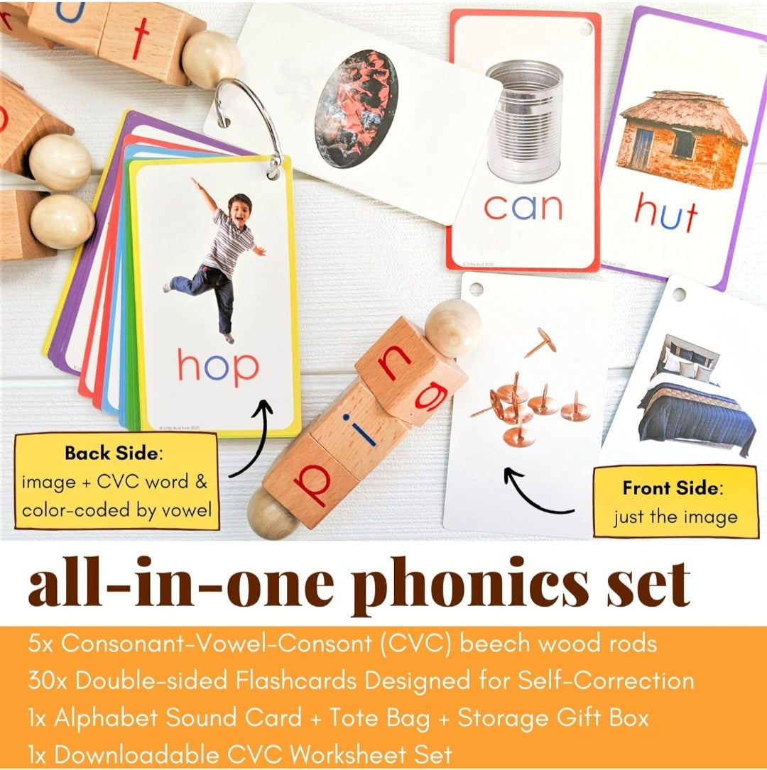 Spin-and-Read Phonics Blocks & CVC Flashcards | Wooden Beginning Reading Learning Set | Little Bud Kids