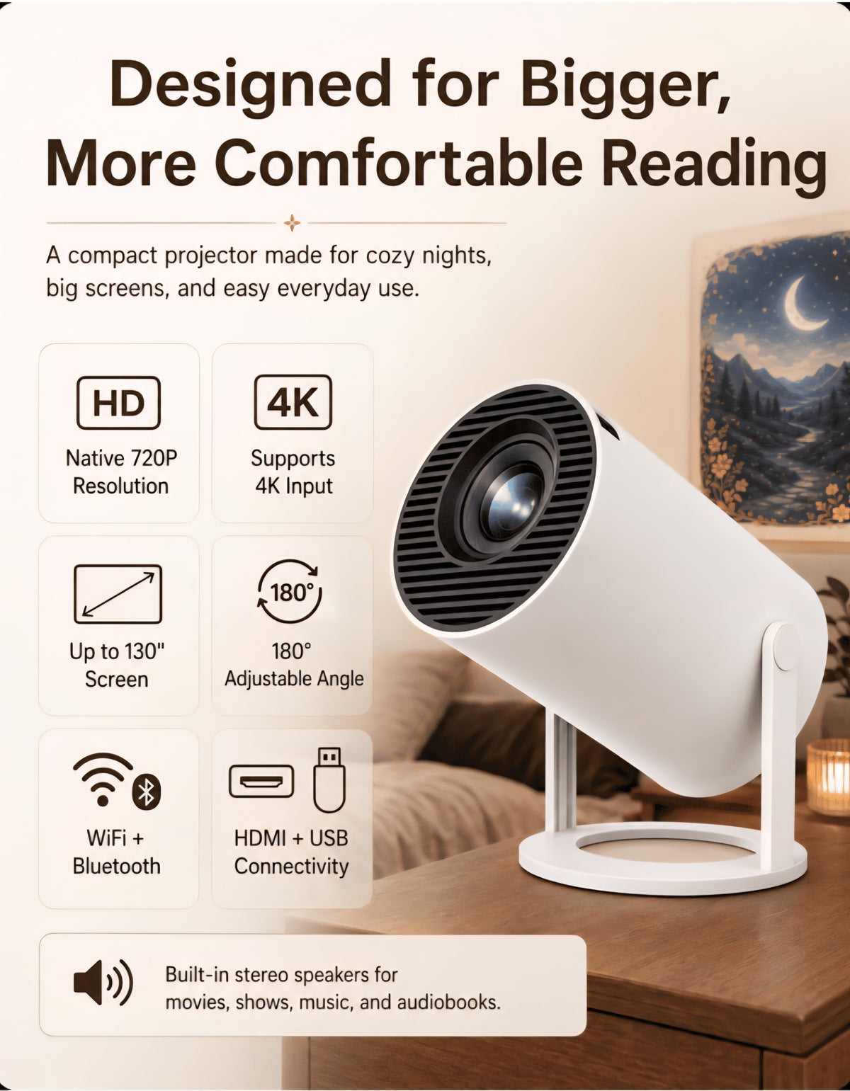 Story Verse Portable Projector|180° Rotating HD Projector with WiFi & Bluetooth