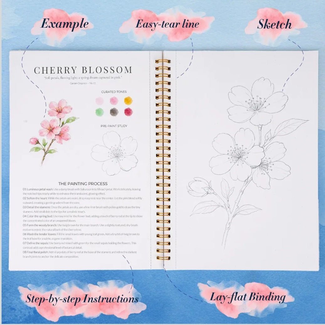 Mindful Blooms Watercolor Workbook Set | 18 Floral Painting Activities