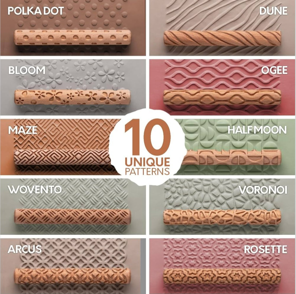 Wooden Clay Texture Rollers – Set of 10 | Pottery & Ceramic Art Tools | Sculpture and Textured Design Activities