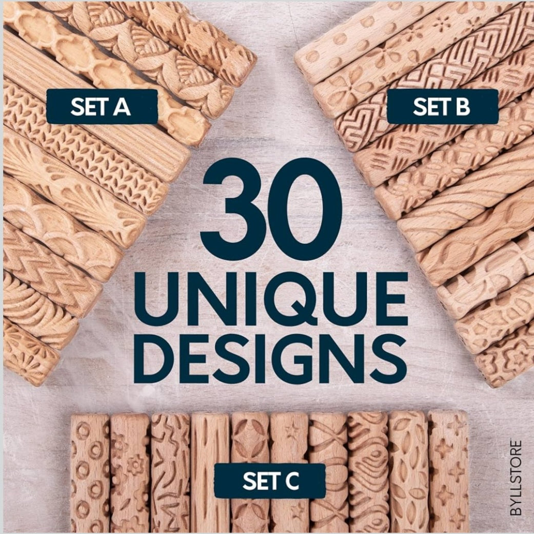 Wooden Clay Texture Rollers – Set of 10 | Pottery & Ceramic Art Tools | Sculpture and Textured Design Activities