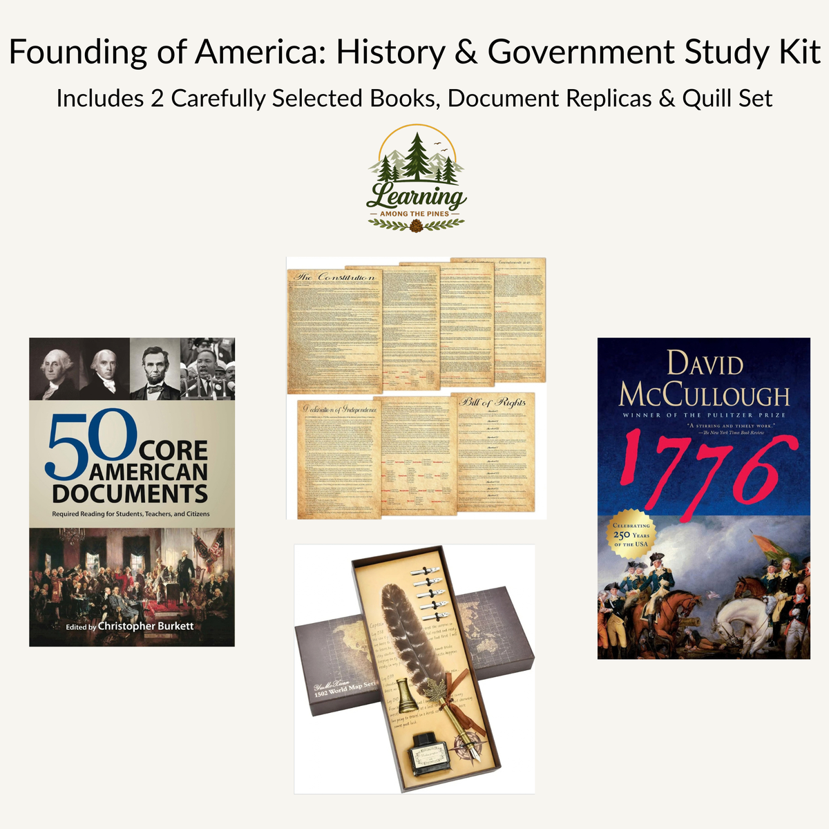 Founding of America History & Government Study Kit | 2 Books, Document Replicas & Quill Writing Set | Grades 8–12