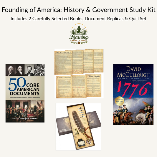 Founding of America History & Government Study Kit | 2 Books, Document Replicas & Quill Writing Set | Grades 8–12
