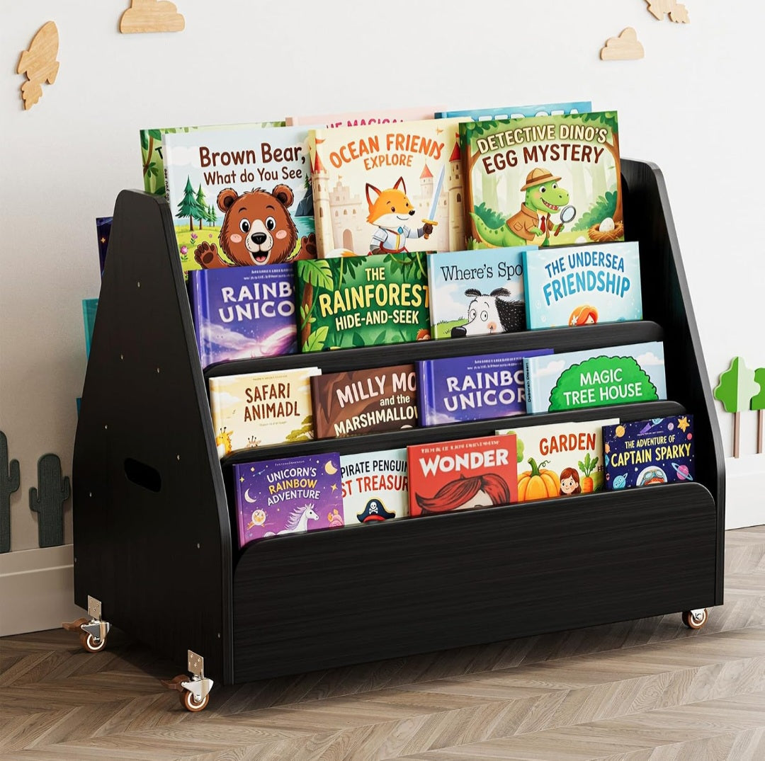 4-Tier Children's Book Shelf | Double-Sided Wooden Bookshelf on Wheels