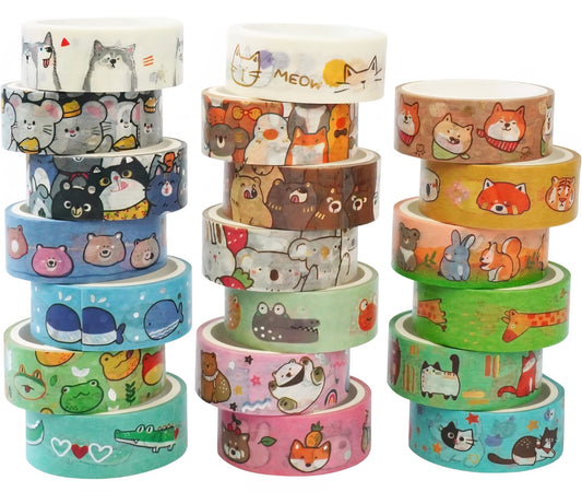 20-Roll Cute Animal Washi Tape Set | Decorative Cartoon Animal & Pet Craft Tape for Journaling, Scrapbooking & Art