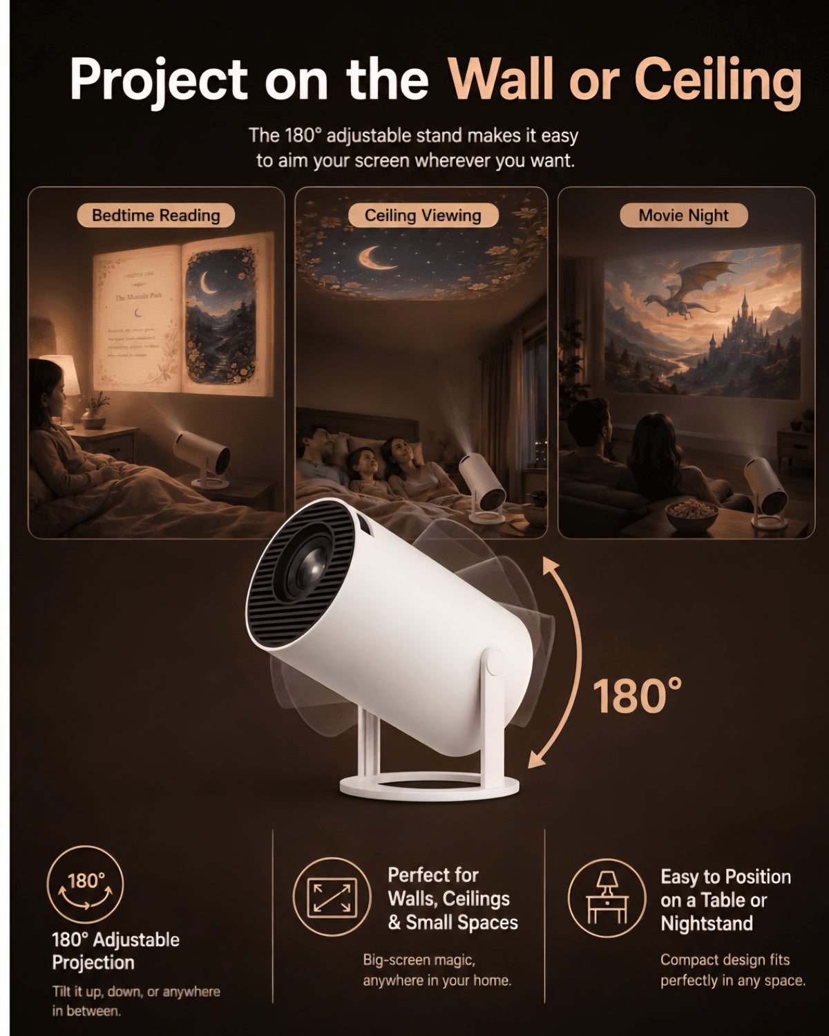 Story Verse Portable Projector|180° Rotating HD Projector with WiFi & Bluetooth