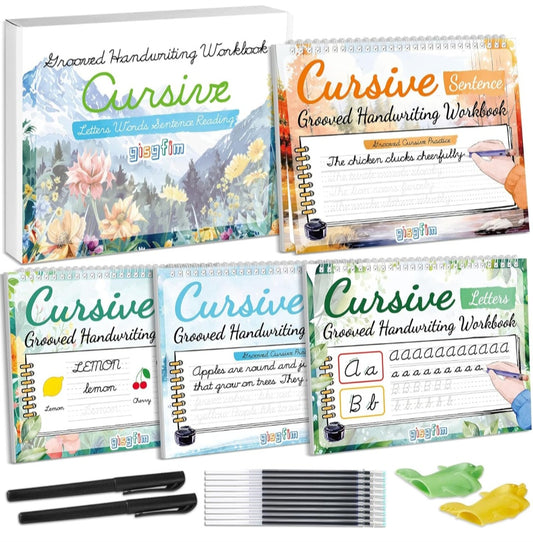 Cursive Handwriting Workbook Kit for Kids | 4 Reusable Grooved Practice Books, Disappearing Ink Pens & Letter, Word and Sentence Writing