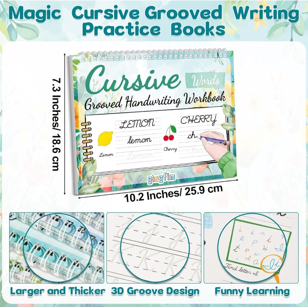 Cursive Handwriting Workbook Kit for Kids | 4 Reusable Grooved Practice Books, Disappearing Ink Pens & Letter, Word and Sentence Writing
