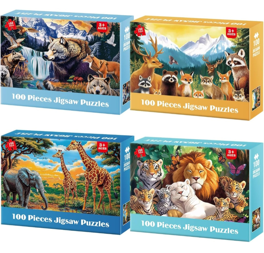 Wild Animals Educational Jigsaw Puzzle Set – 4 Pack of 100-Piece Puzzles for Kids