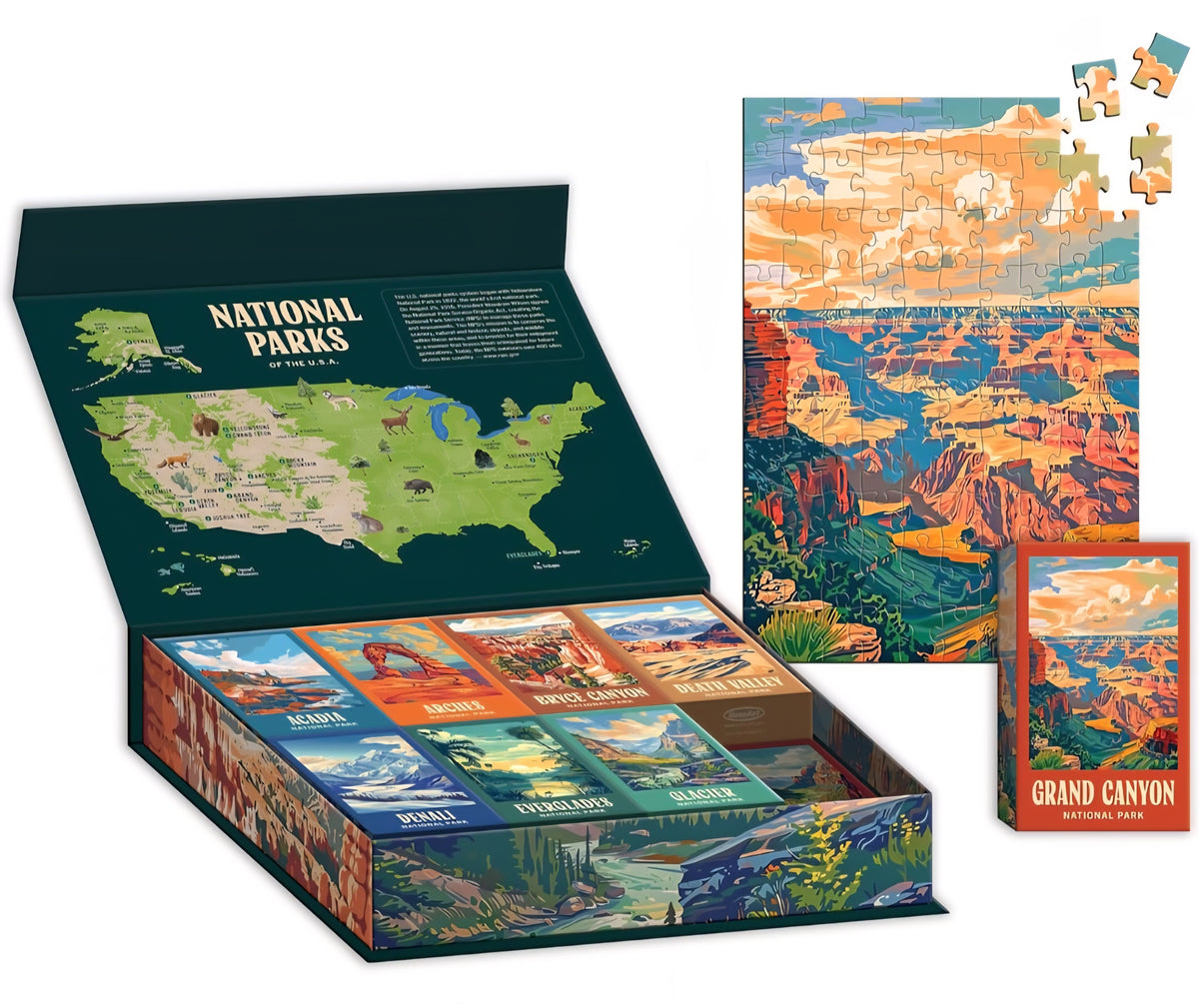 National Parks 16-Puzzle Set – 100-Piece Mini Jigsaw Puzzles, U.S. National Parks & Scenic Landscapes