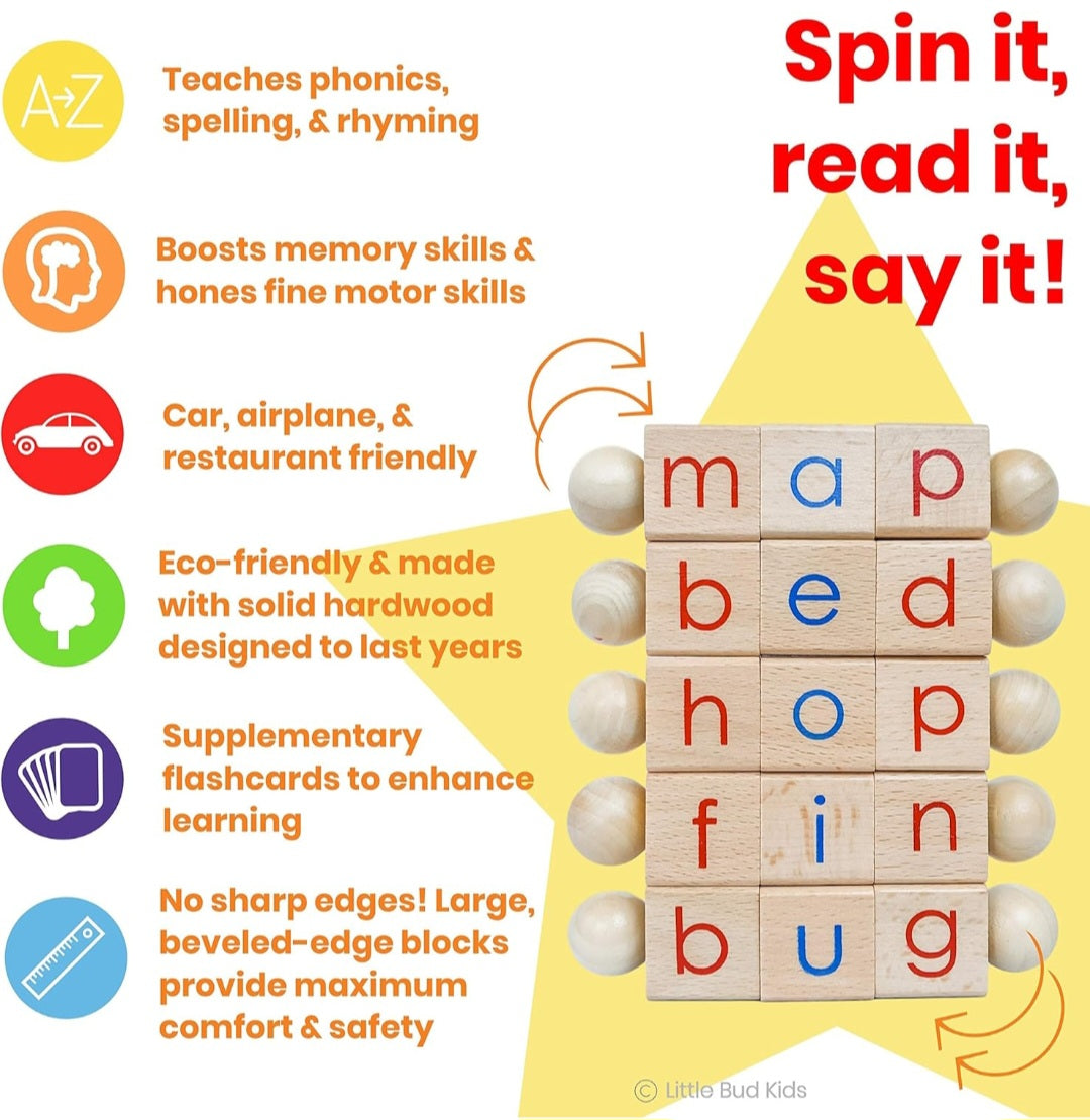 Spin-and-Read Phonics Blocks & CVC Flashcards | Wooden Beginning Reading Learning Set | Little Bud Kids