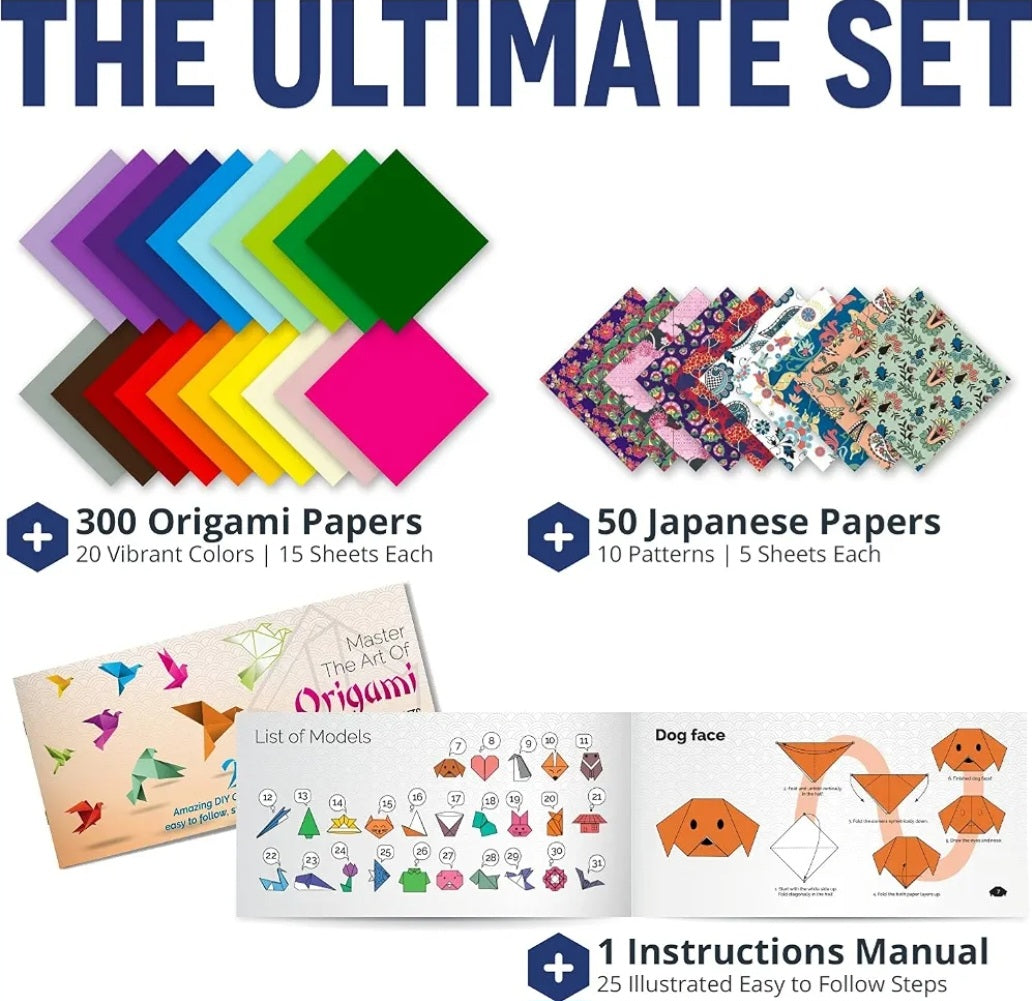 Origami Paper Kit | 350 Sheets, 20 Solid Colors & 50 Japanese Patterns | 25 Folding Projects & Instruction Book