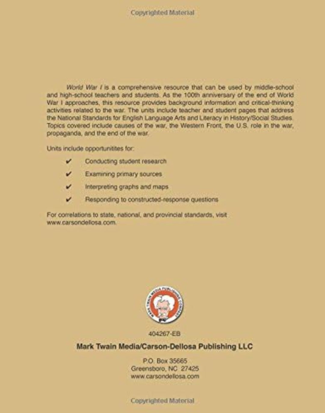 World War I History Study Kit | 2 Books, Research Workbook & WWI Memorabilia Pack | Grades 8–12