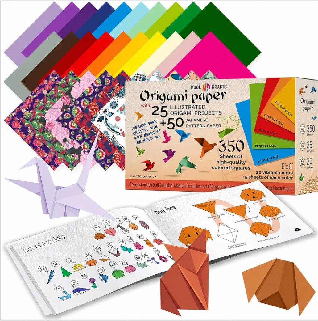 Origami Paper Kit | 350 Sheets, 20 Solid Colors & 50 Japanese Patterns | 25 Folding Projects & Instruction Book