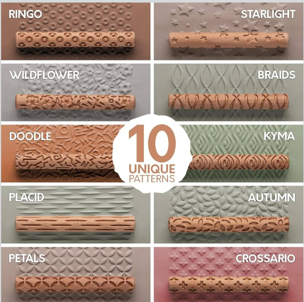 Wooden Clay Texture Rollers – Set of 10 | Pottery & Ceramic Art Tools | Sculpture and Textured Design Activities
