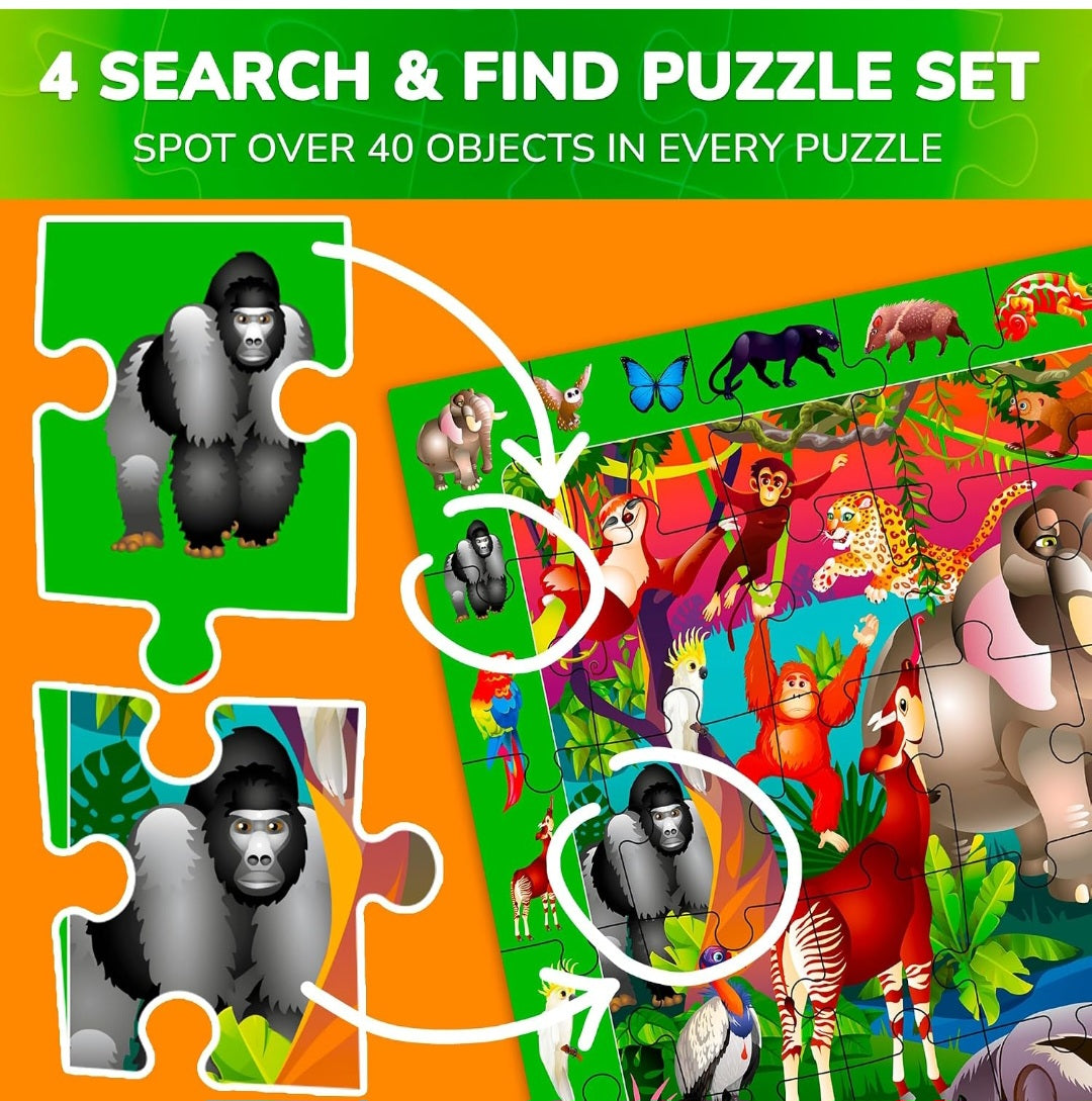Educational Search & Find Jigsaw Puzzle Set – 4 Pack, 60-Piece Puzzles