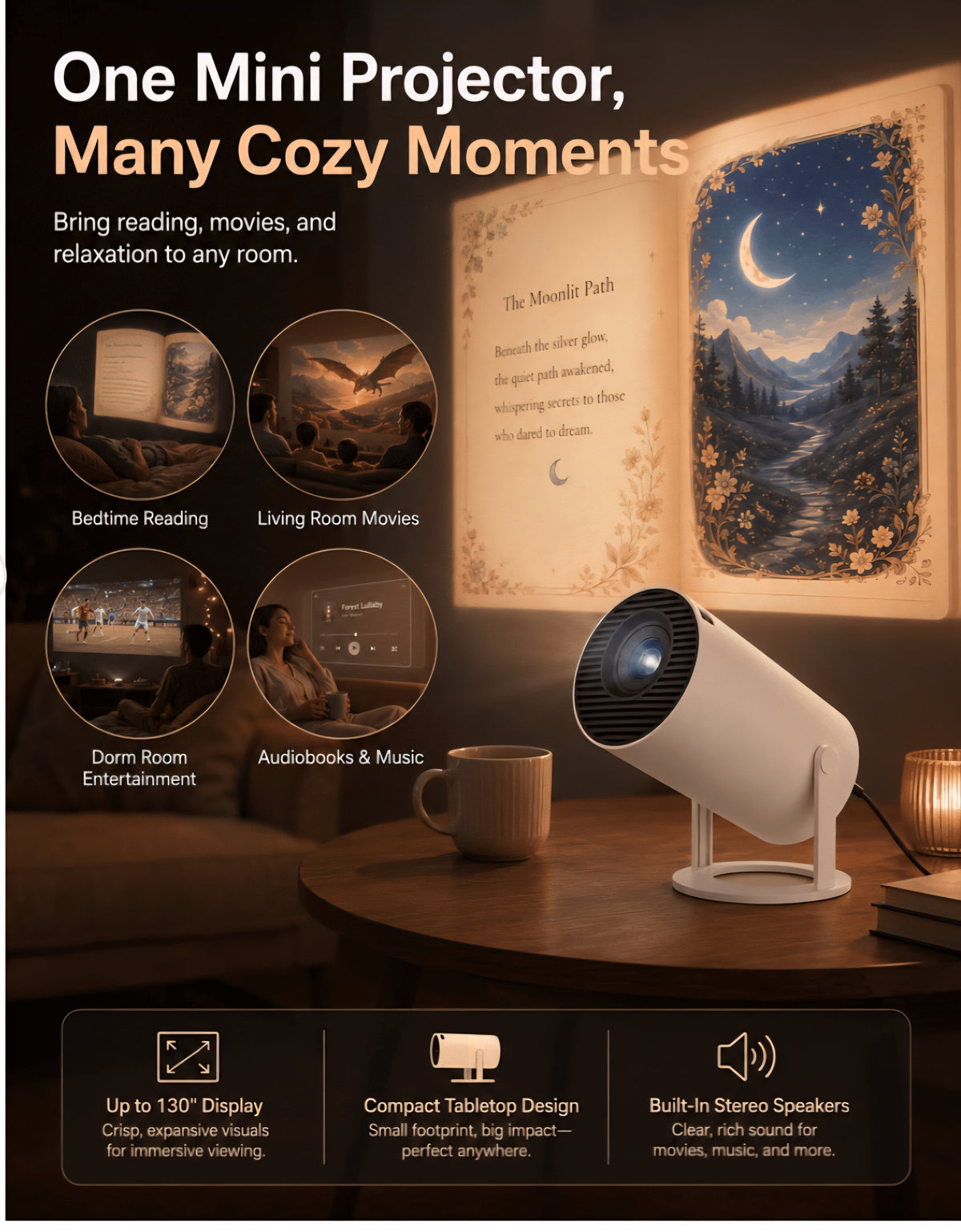 Story Verse Portable Projector|180° Rotating HD Projector with WiFi & Bluetooth