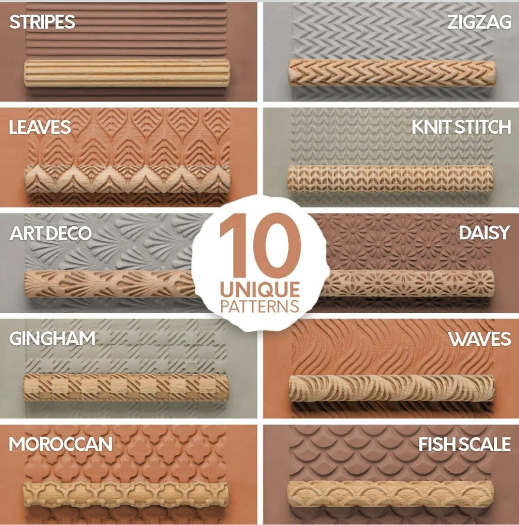 Wooden Clay Texture Rollers – Set of 10 | Pottery & Ceramic Art Tools | Sculpture and Textured Design Activities