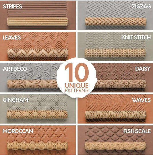 Wooden Clay Texture Rollers – Set of 10 | Pottery & Ceramic Art Tools | Sculpture and Textured Design Activities