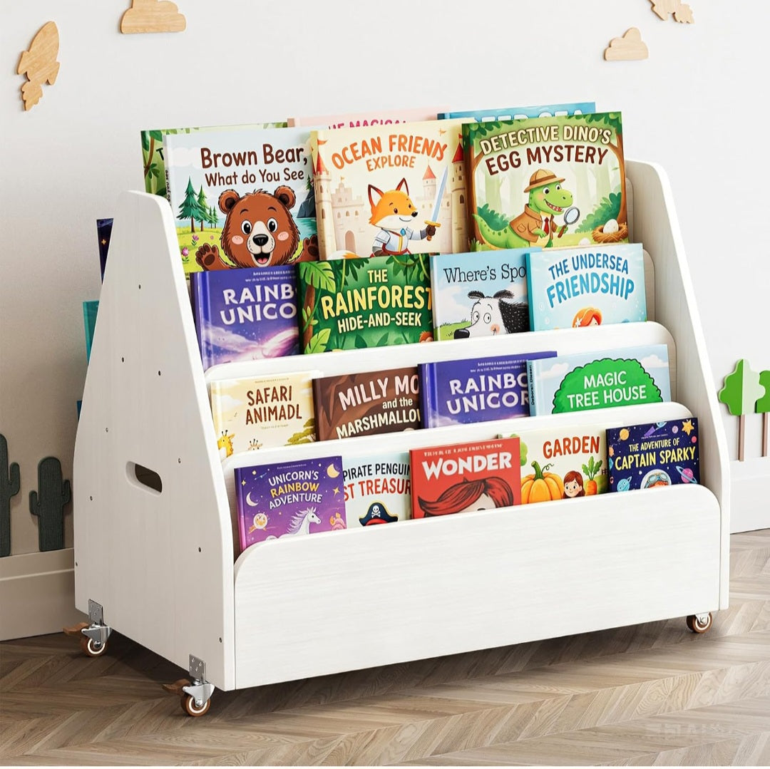 4-Tier Children's Book Shelf | Double-Sided Wooden Bookshelf on Wheels