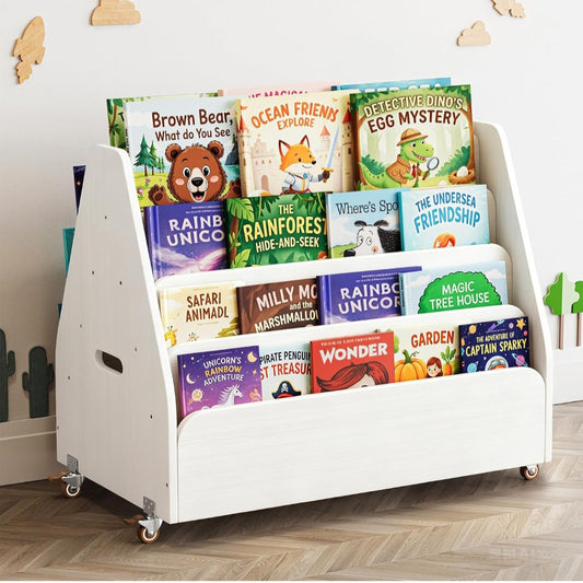 4-Tier Children's Book Shelf | Double-Sided Wooden Bookshelf on Wheels