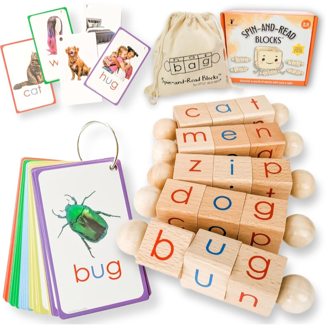 Spin-and-Read Phonics Blocks & CVC Flashcards | Wooden Beginning Reading Learning Set | Little Bud Kids