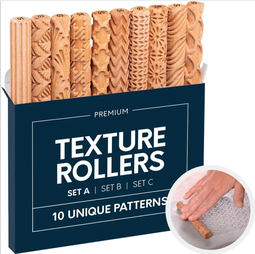 Wooden Clay Texture Rollers – Set of 10 | Pottery & Ceramic Art Tools | Sculpture and Textured Design Activities