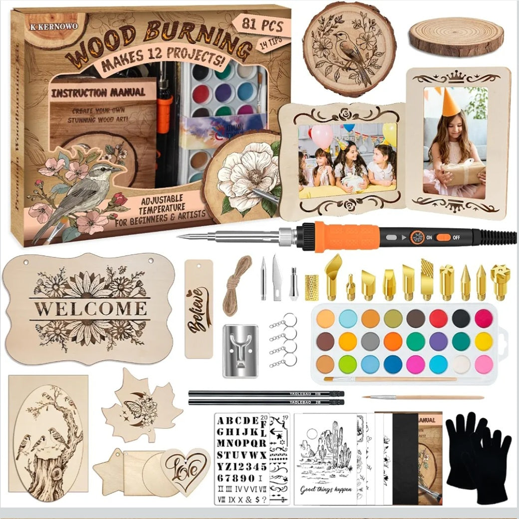 81-Piece Wood Burning Kit | Adjustable Temperature Pyrography & Wood Engraving Art Set