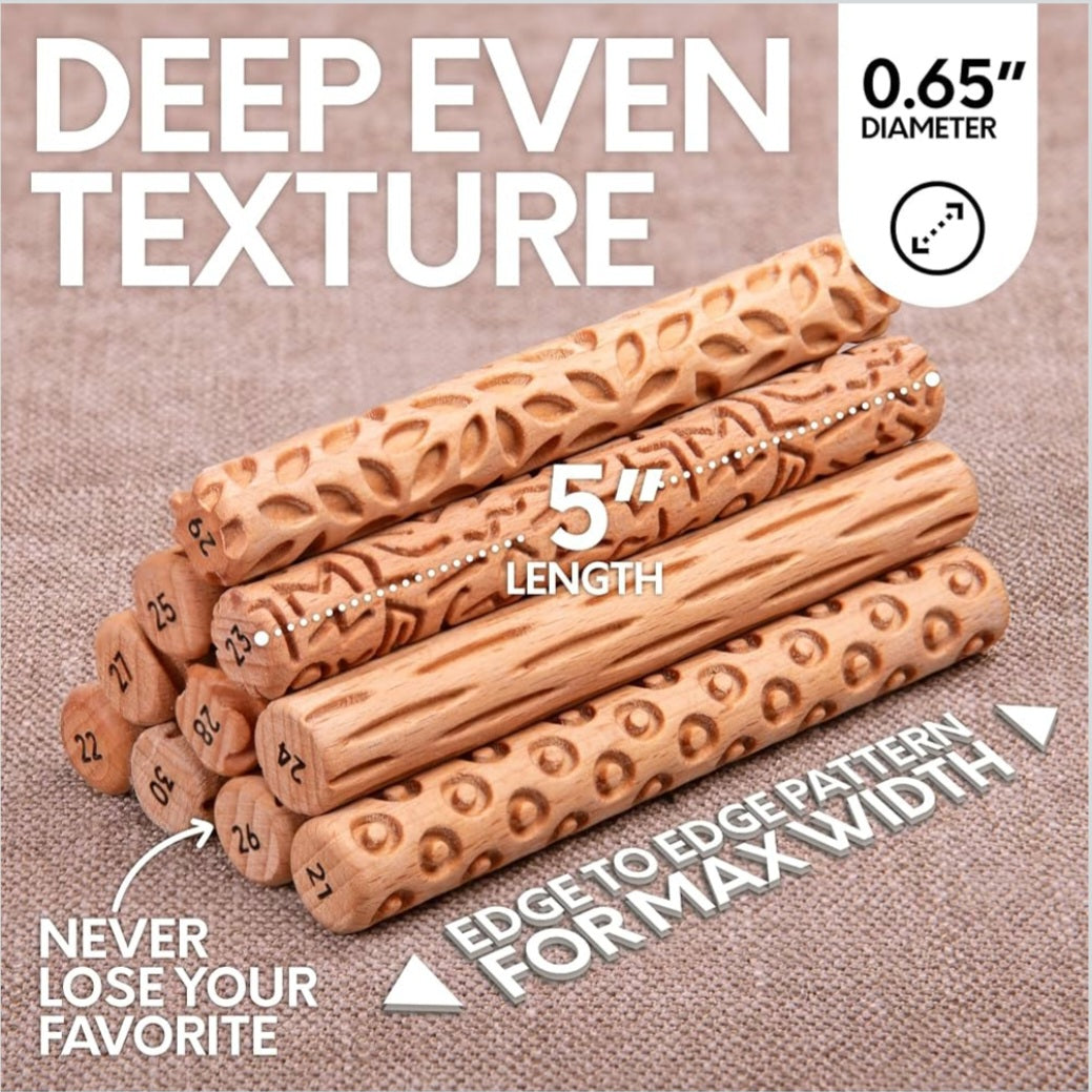 Wooden Clay Texture Rollers – Set of 10 | Pottery & Ceramic Art Tools | Sculpture and Textured Design Activities