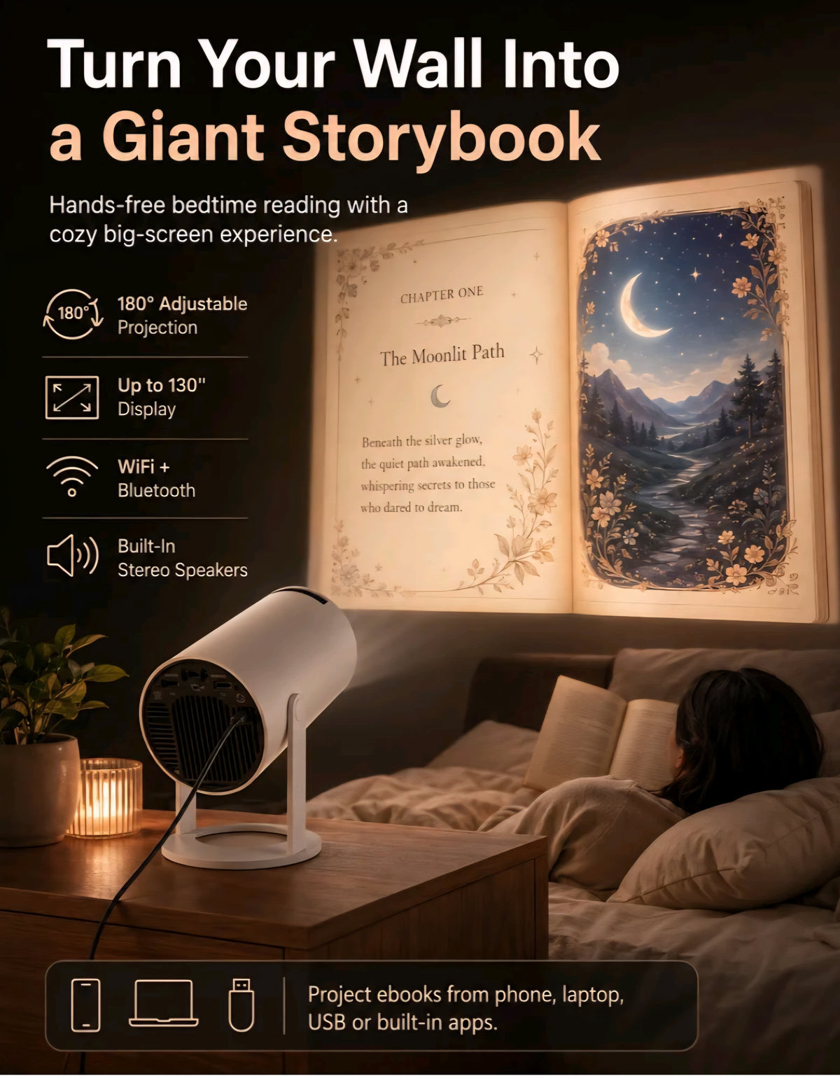 Story Verse Portable Projector|180° Rotating HD Projector with WiFi & Bluetooth
