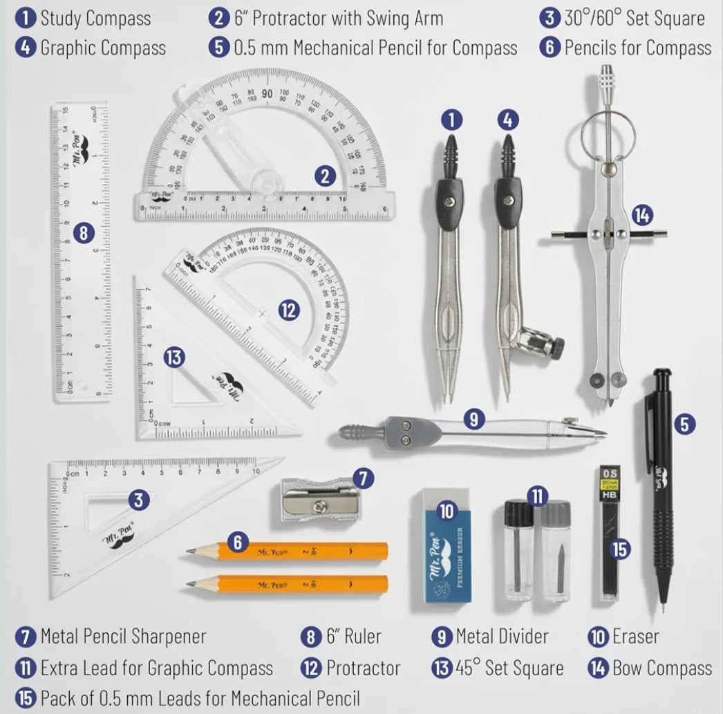 Geometry Set with Compass & Protractor | 15-Piece Math & Geometry Set