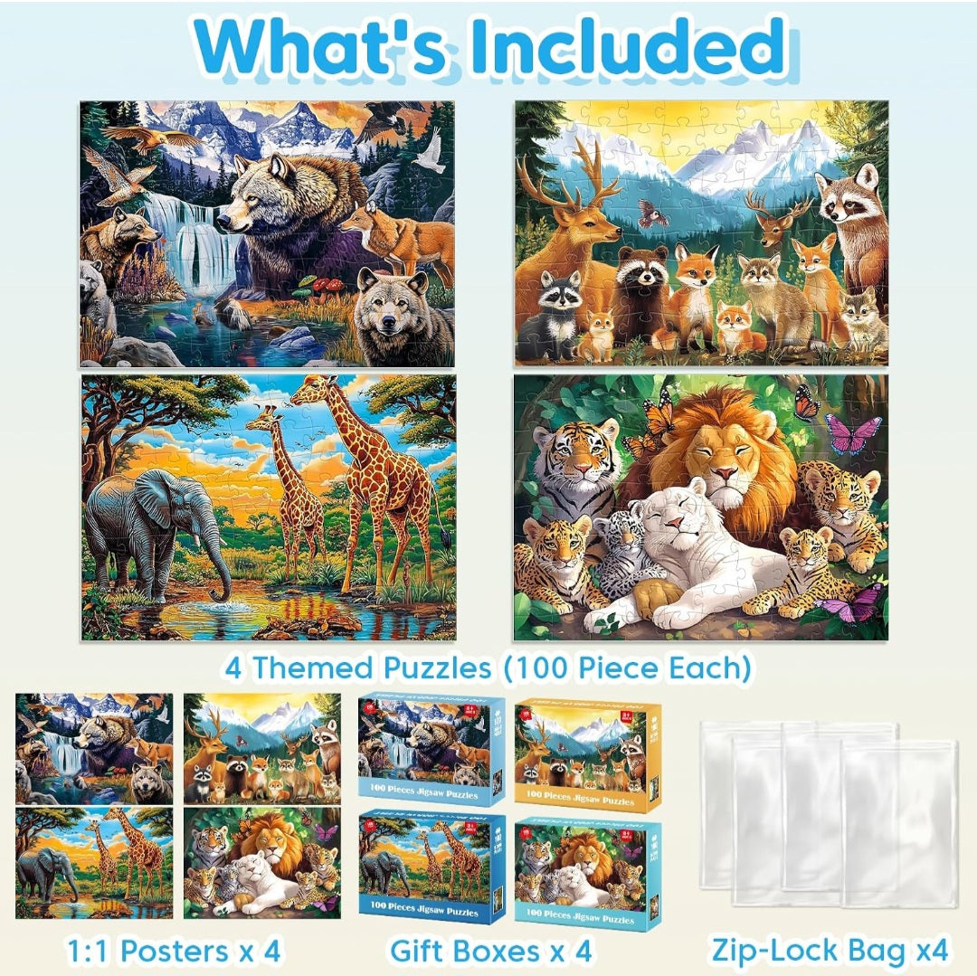 Wild Animals Educational Jigsaw Puzzle Set – 4 Pack of 100-Piece Puzzles for Kids