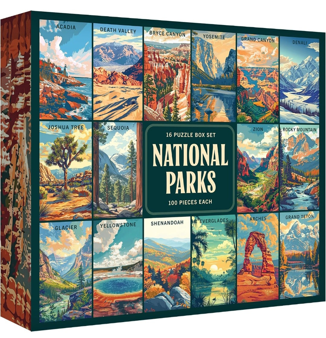 National Parks 16-Puzzle Set – 100-Piece Mini Jigsaw Puzzles, U.S. National Parks & Scenic Landscapes