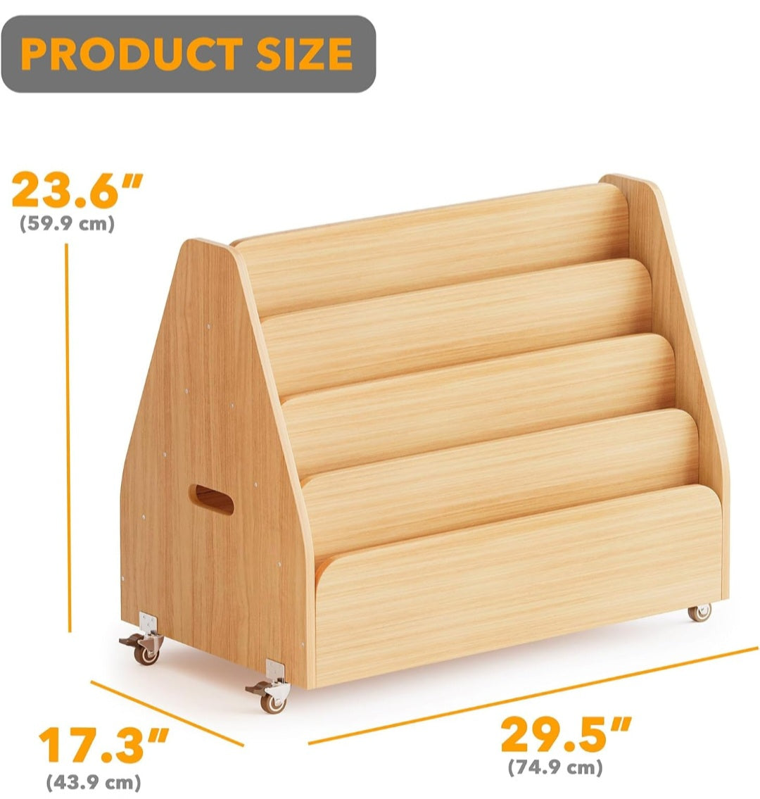 4-Tier Children's Book Shelf | Double-Sided Wooden Bookshelf on Wheels