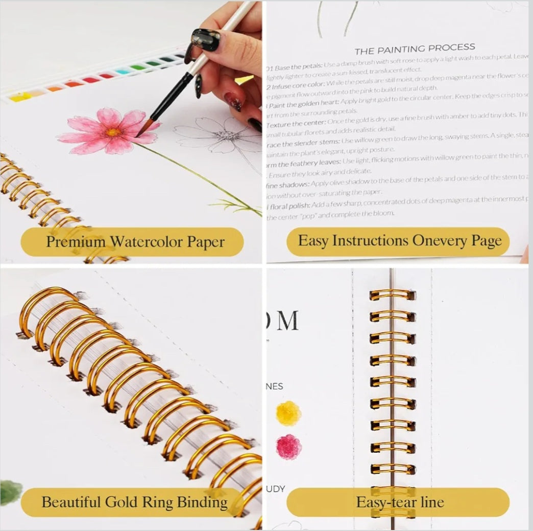 Mindful Blooms Watercolor Workbook Set | 18 Floral Painting Activities