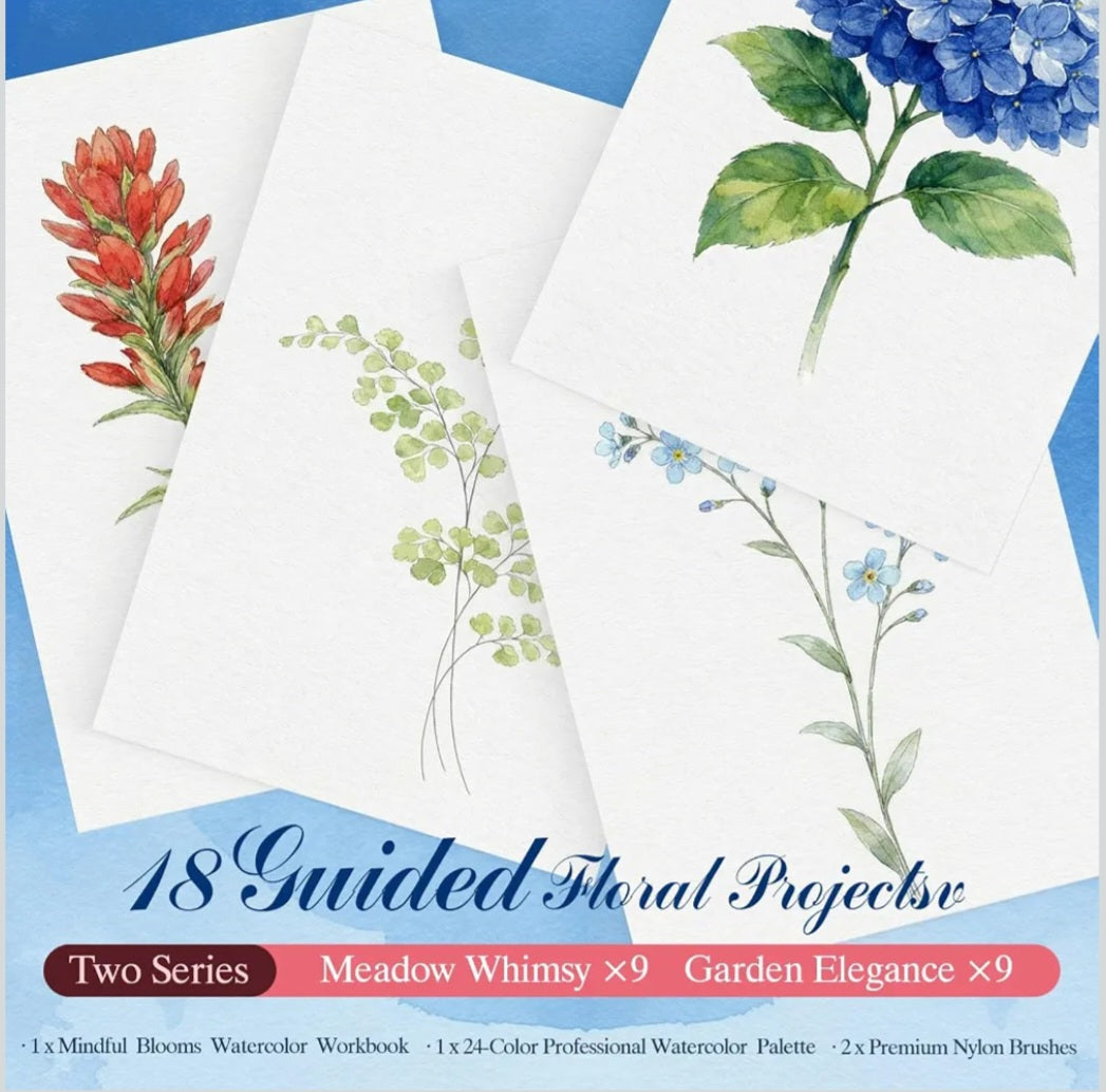 Mindful Blooms Watercolor Workbook Set | 18 Floral Painting Activities
