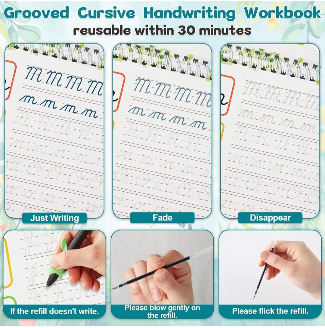 Cursive Handwriting Workbook Kit for Kids | 4 Reusable Grooved Practice Books, Disappearing Ink Pens & Letter, Word and Sentence Writing